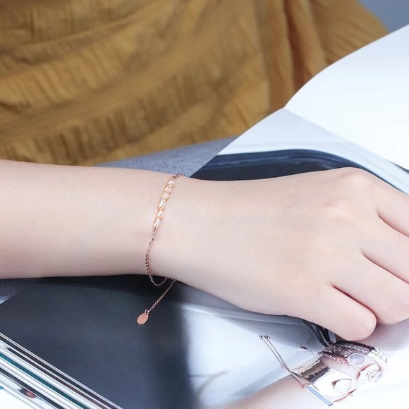 925 Rose Gold Pearl Bracelet Anklet 8'' - Picture 7 of 11